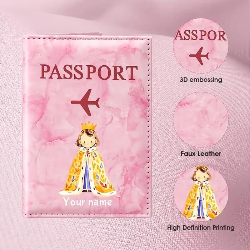 Personalized Custom Name Cartoon-Style Cat Cape Design PU Passport Holder, Featuring an Adorable Cat in a Yellow Cape