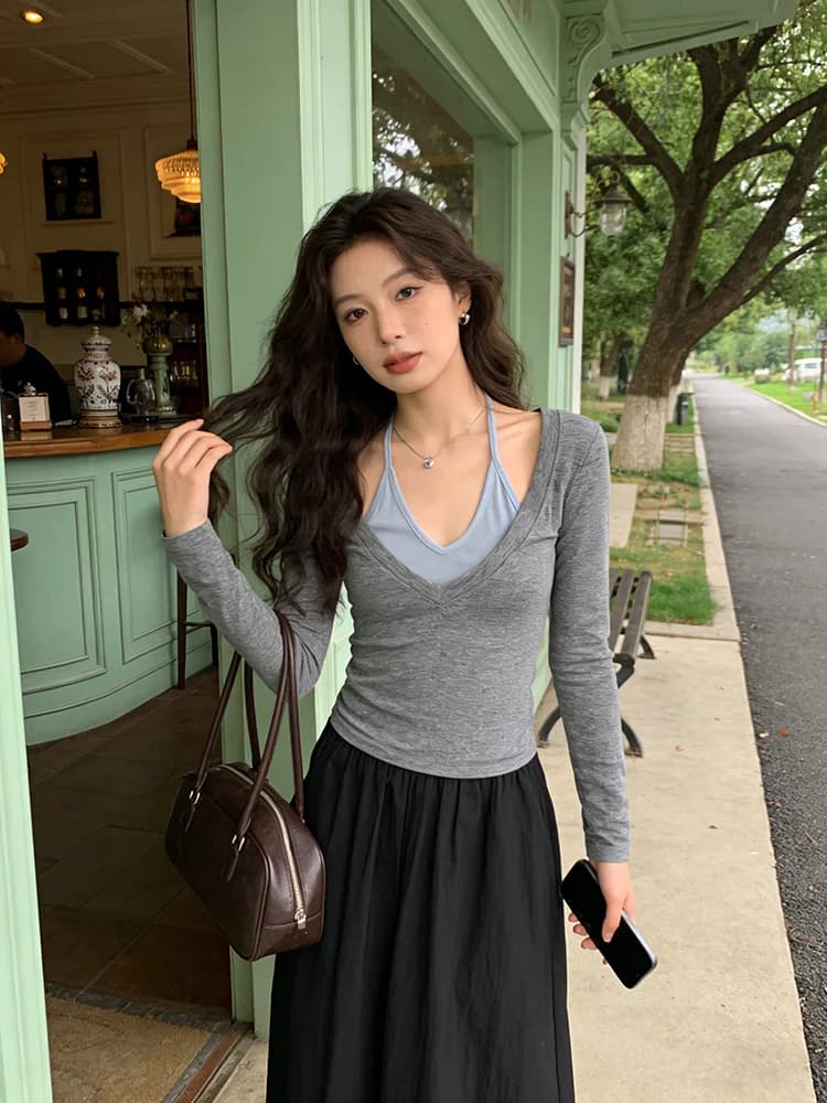 Lace V-Neck Long Sleeve T-Shirt Women's Spring New Style Wool Blend Silk Hanging Neck Design False Two-Piece Top Comfortable ...