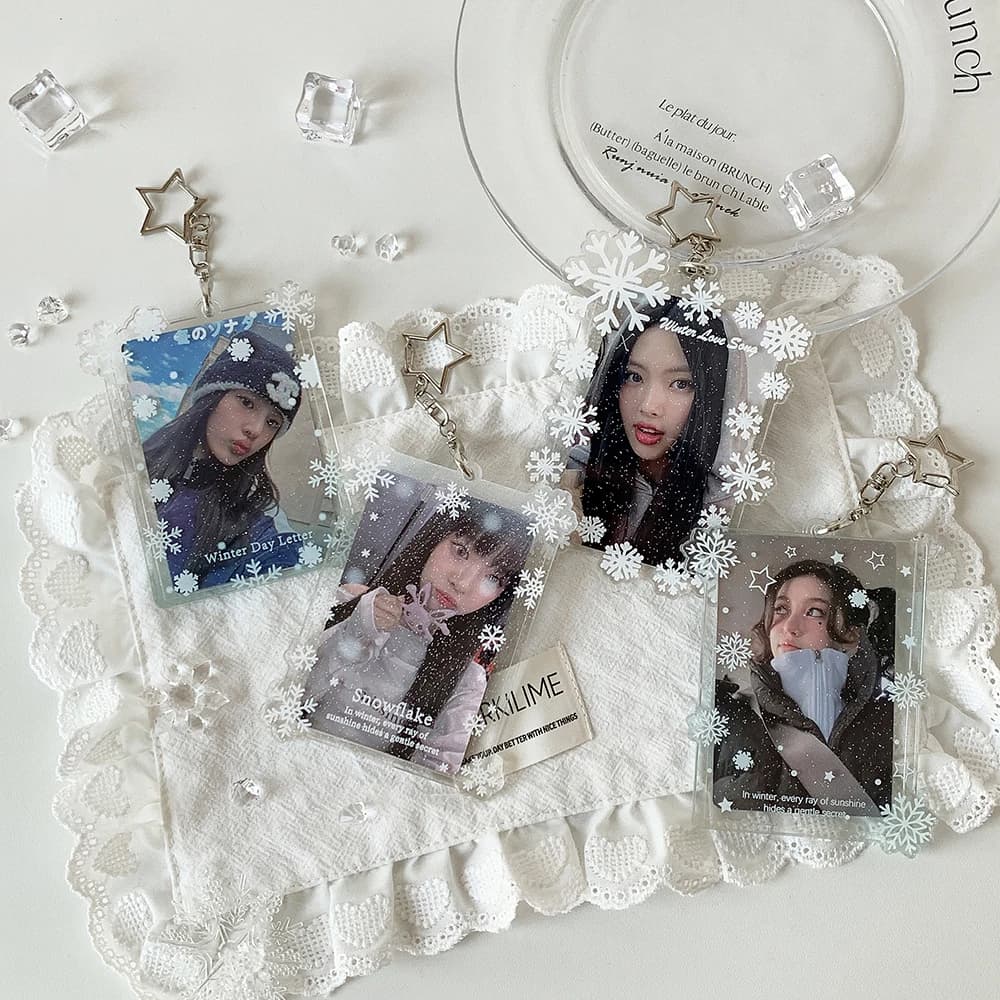 Porta carte di moda in acrilico trasparente con fiocco di neve, ragazza carina, idol, 3 pollici, clip per carte di archiviazione di foto, ciondolo a forma di stella, portachiavi, borsa per carte regalo