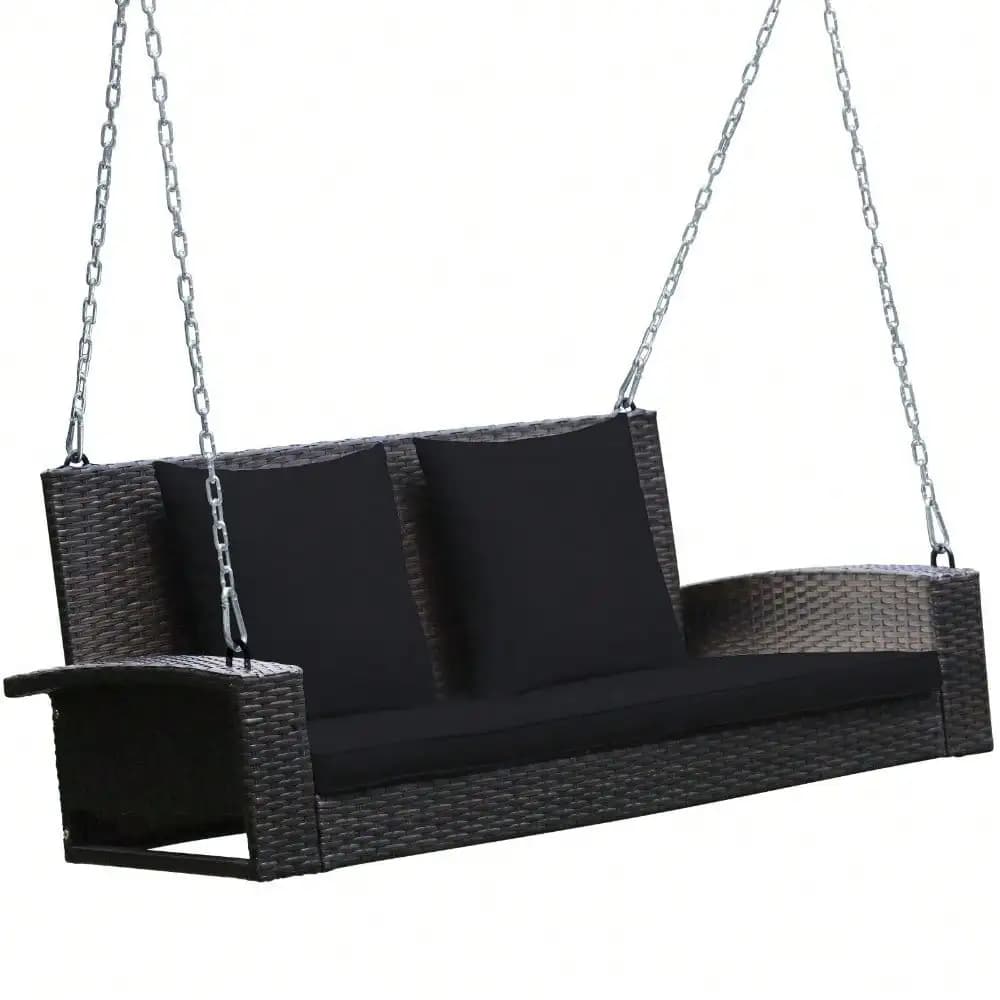 Patio rattan suspended porch swing bench chair cushion for 2 persons, black