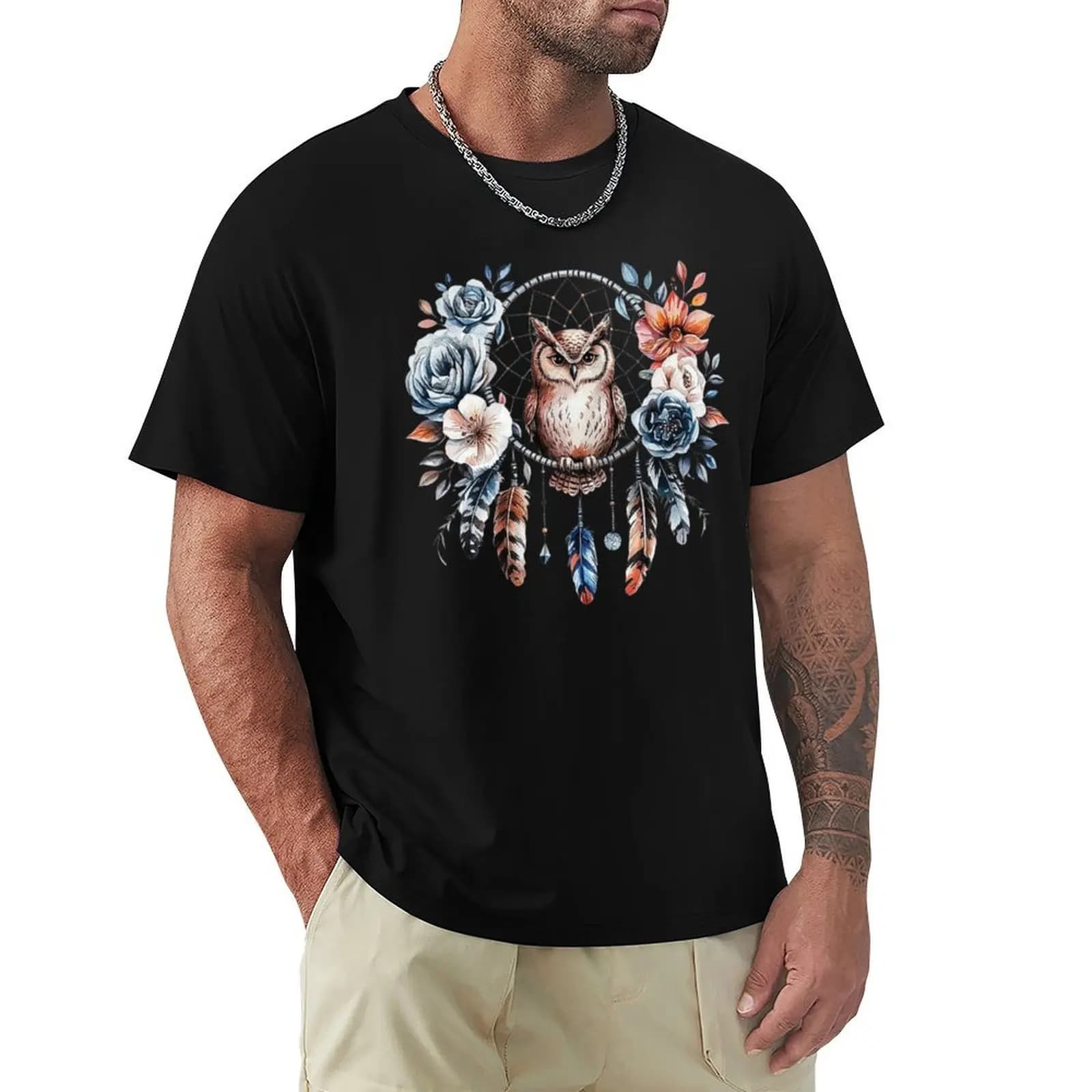 Elegant Owl with Dreamcatcher and Floral Details T-Shirt Simple Casual Short Sleeve Cotton T-Shirt