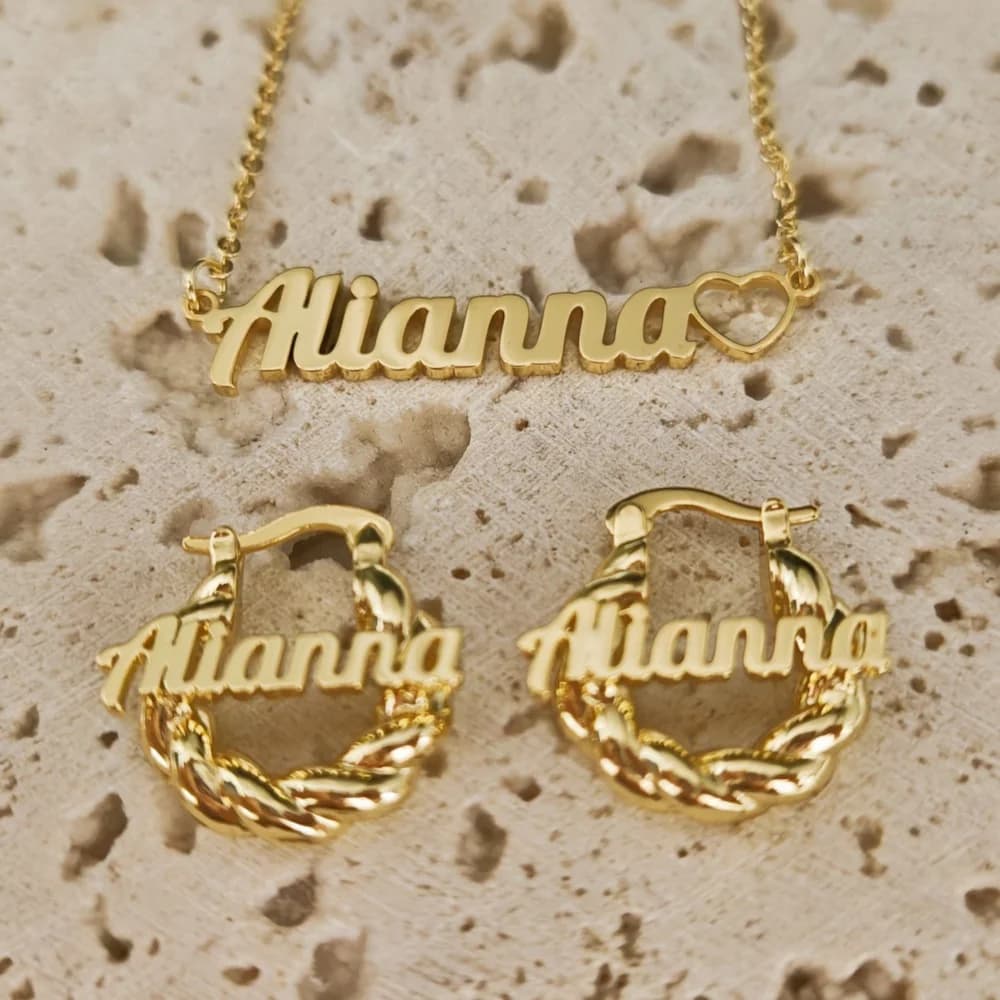 LeeChee Girls' Gift Hollow Heart Custom Name Hearts Necklace 18mm Twist Mini Hoop Earrings Stainless Steel Jewelry Set
