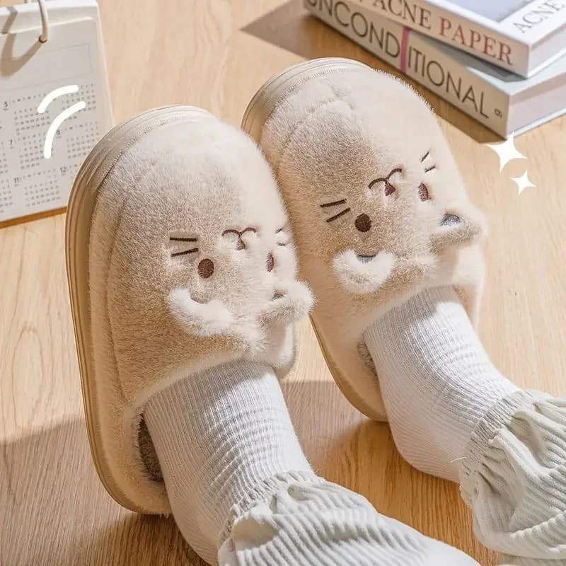 New Women Home Slippers Men Furry Indoor Bedroom Flats Warm Plush Couples Cute cartoon cat winter Floor Slides Non-slip Shoes