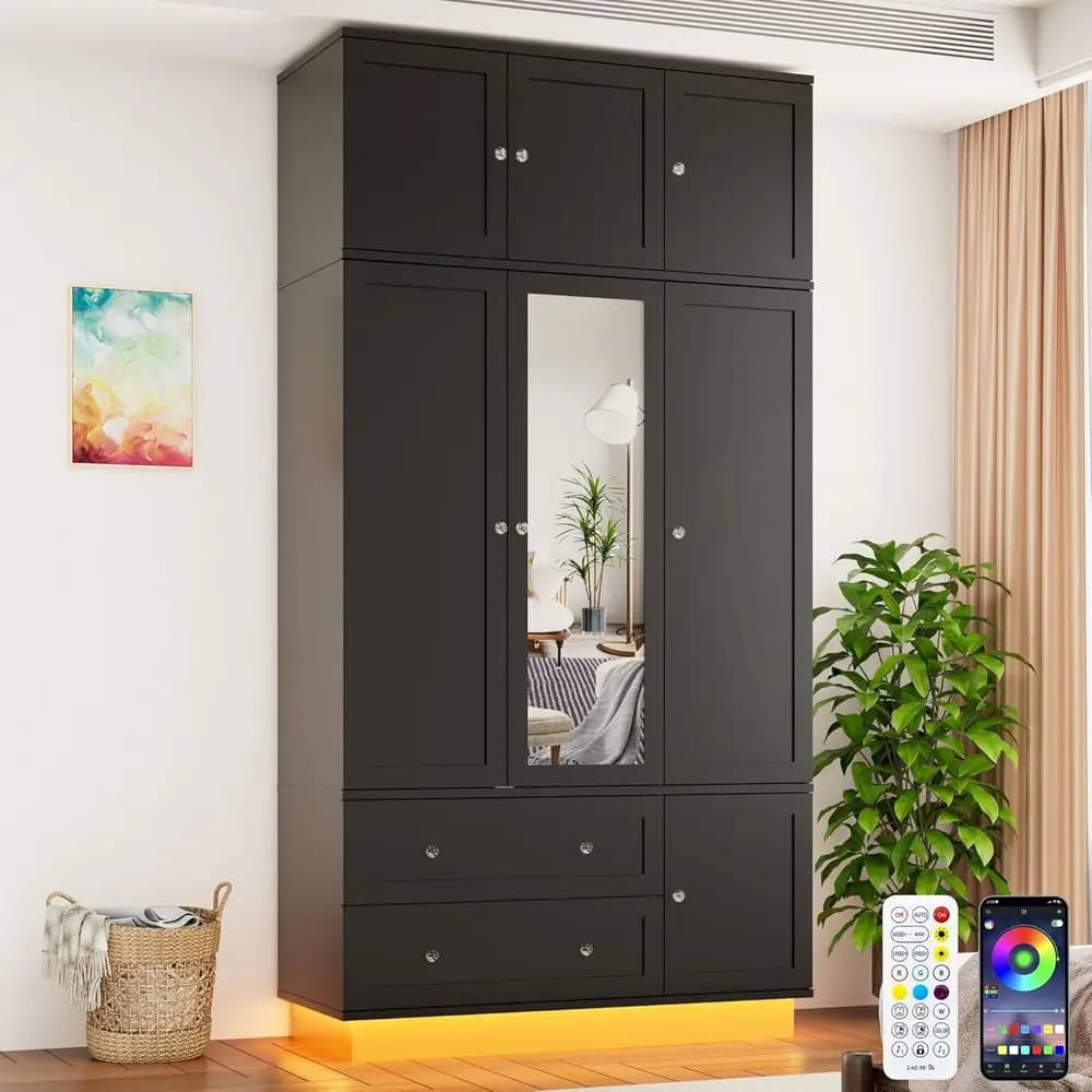 Armadio a specchio alto 92,2 cm con luce a sensore di movimento, ampio mobile contenitore, 2 cassetti, striscia LED regolabile, in legno anti-ribaltamento B