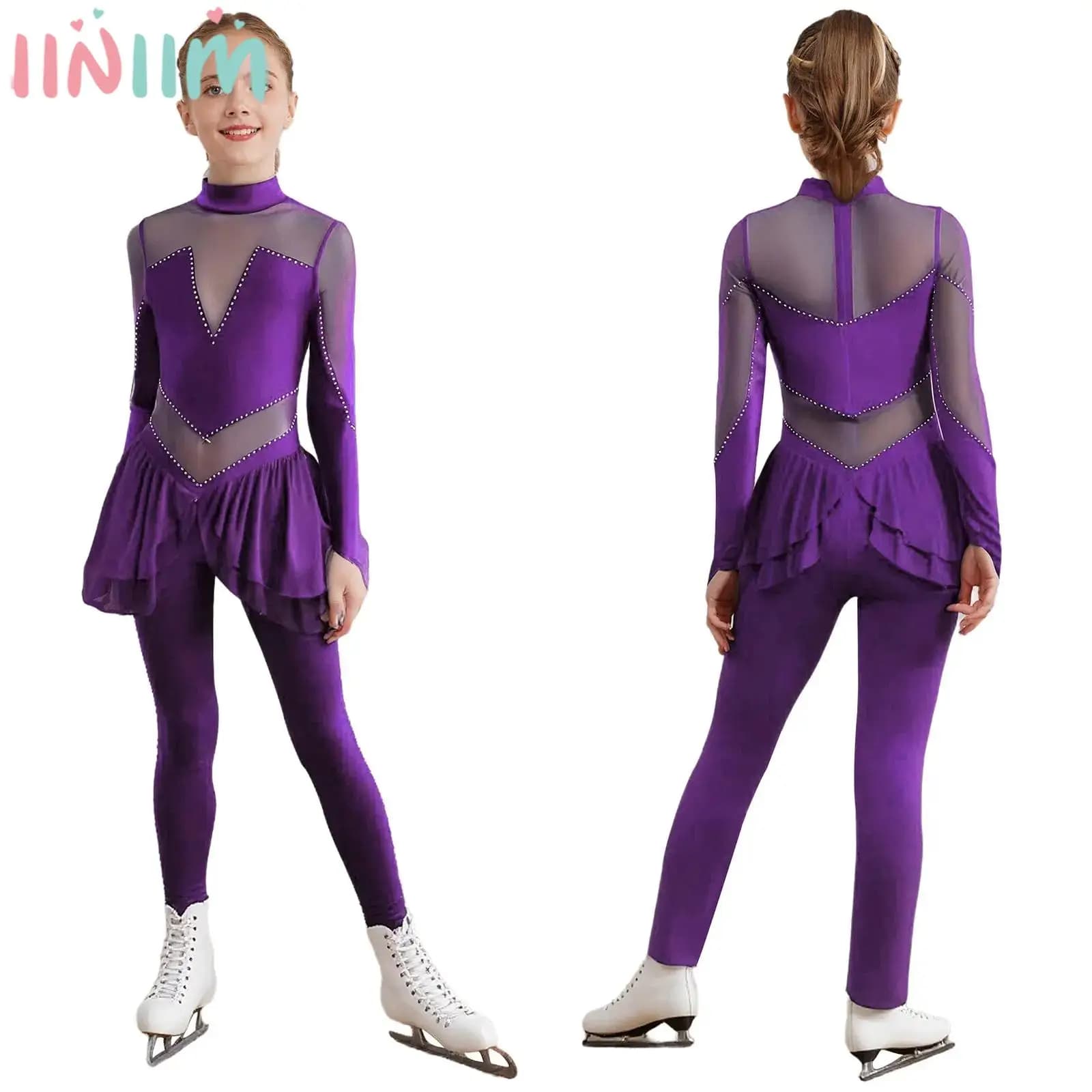 Tuta da pattinaggio artistico per bambina, manica lunga, maglia trasparente, strass lucidi, body per balletto, danza, ginnastica, acrobazie
