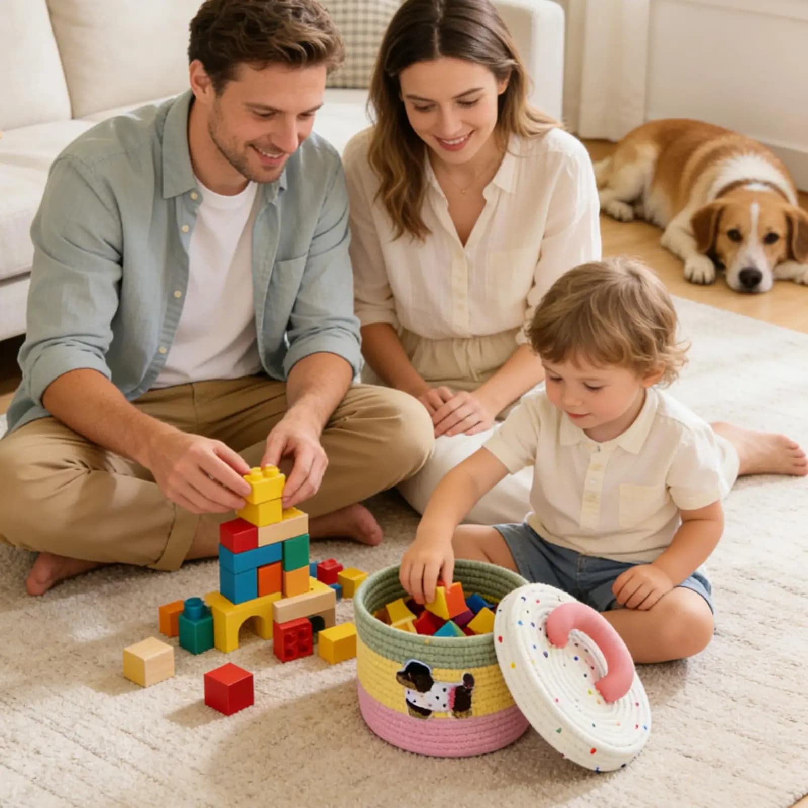Small and Cute Portable Basket in Cotton Corda with Cover, Box for Toys, Yarns, Craftsmanship, Sewing and Laundry for Children and Domestic Pets