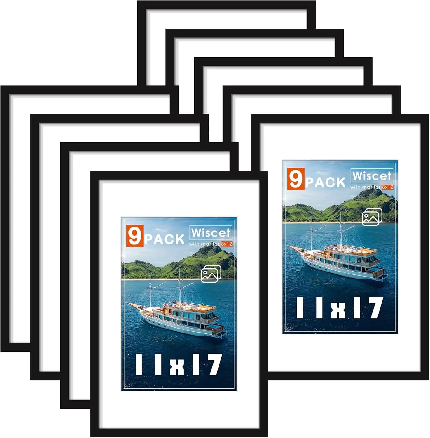 Set di 9 Cornici Nere per Foto 11x17 o 8x12, Esposizione Orizzontale/Verticale da Parete con Passepartout Incluso