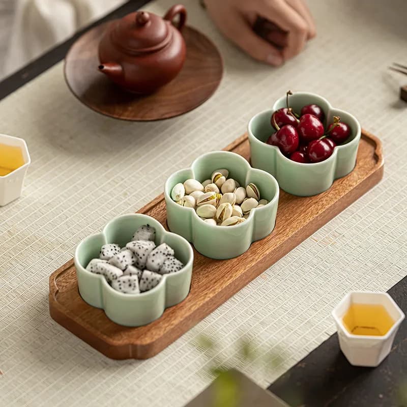 Vassoio cinese in ceramica per frutta secca con scomparti multipli, snack delicati per uso domestico, vassoio in legno