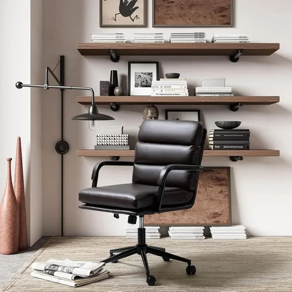 ern aux Leather Home Oice Chair with Lock & Metal Base, Desk Chair with Wheels & Padded Cushion, 360° Swivel Wide Seat Computer