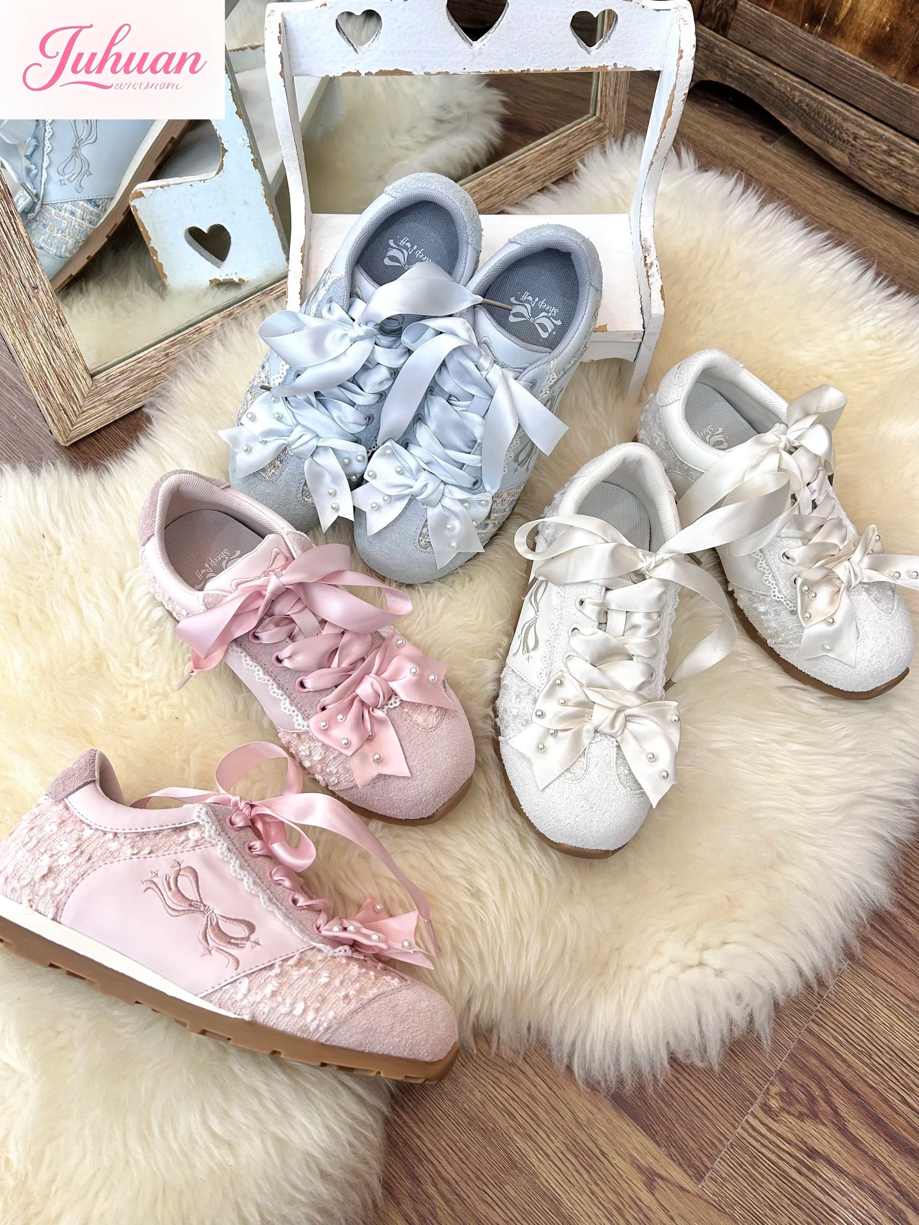 Japanese Silk Ribbon Bow Pearl Casual Shoe Girl Versatile Sequined Bow Sneakers Comfortable Versatile Sweetheart Lolita Lo Shoe
