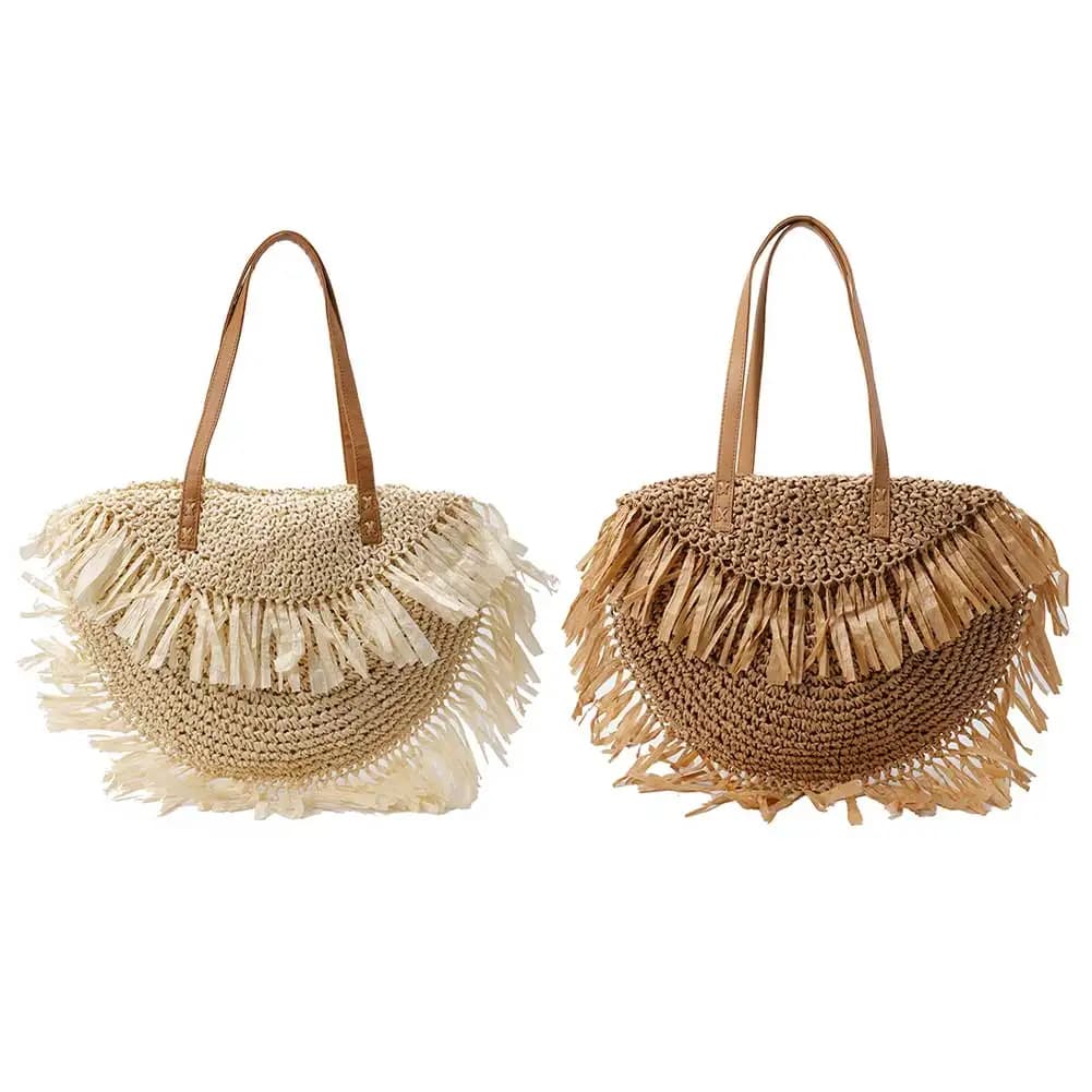 Borsa da donna a treccia scavata con nappa Borsa da spiaggia intrecciata a mano Borsa sottobraccio a semicerchio Borsa a tracolla da viaggio femminile