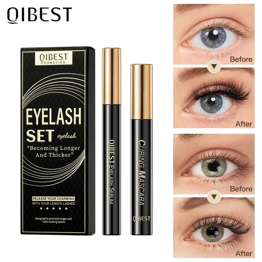 QIBEST Eyelash Set Black and Serum Mascara for Eyelash Growth Nutrient Improves Mascara Curling Thickness Extension of Cosmetic Eyelashes