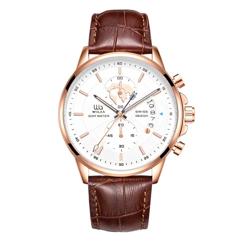 Orologio cronografo da uomo in oro rosa - Visualizzazione della data multifunzione a 6 lancette, cinturino in vera pelle, cassa in lega, movimento al quarzo