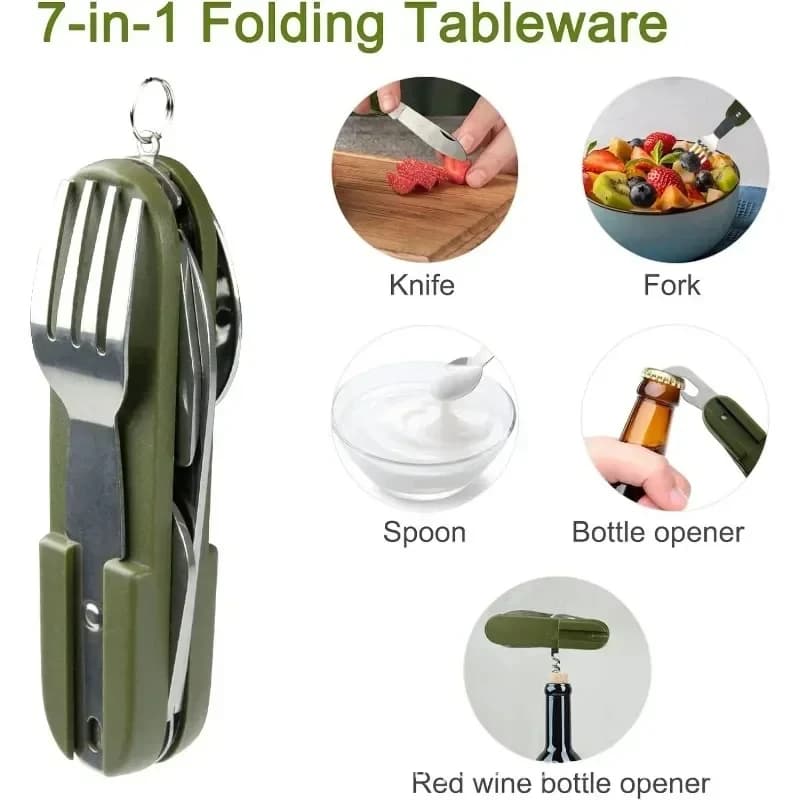 Stoviglie portatili Stoviglie da esterno Coltello pieghevole da campeggio Set forchetta e cucchiaio Stoviglie pieghevoli multifunzionali Set da tre pezzi