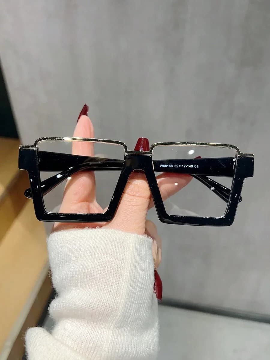 1pc-1pc Occhiali da donna con montatura quadrata in metallo nero intarsiato con montatura TR, occhiali senza prescrizione medica, montature per occhiali versatili e alla moda