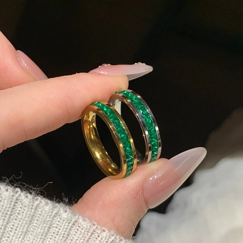 Stainless Steel Rings For Women Female Small Square Green Rhinestone Gold Silver Color Engagement Wedding Bands Party Jewelry