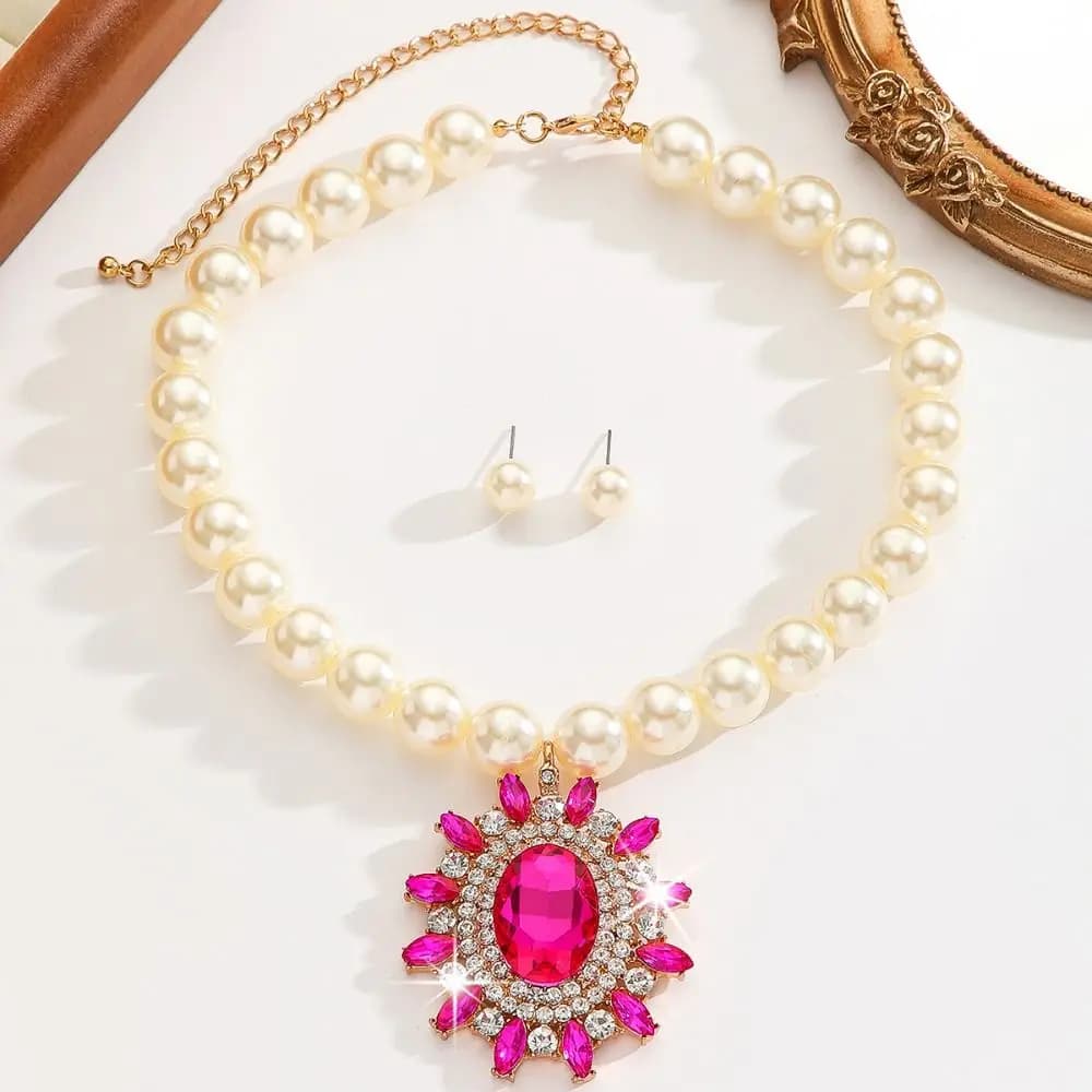 Set di Gioielli con Perle Imitate in Cristallo Ellittico, Lussuoso Set Collana e Orecchini con Strass Incastonati, Squisito ed Esagerato