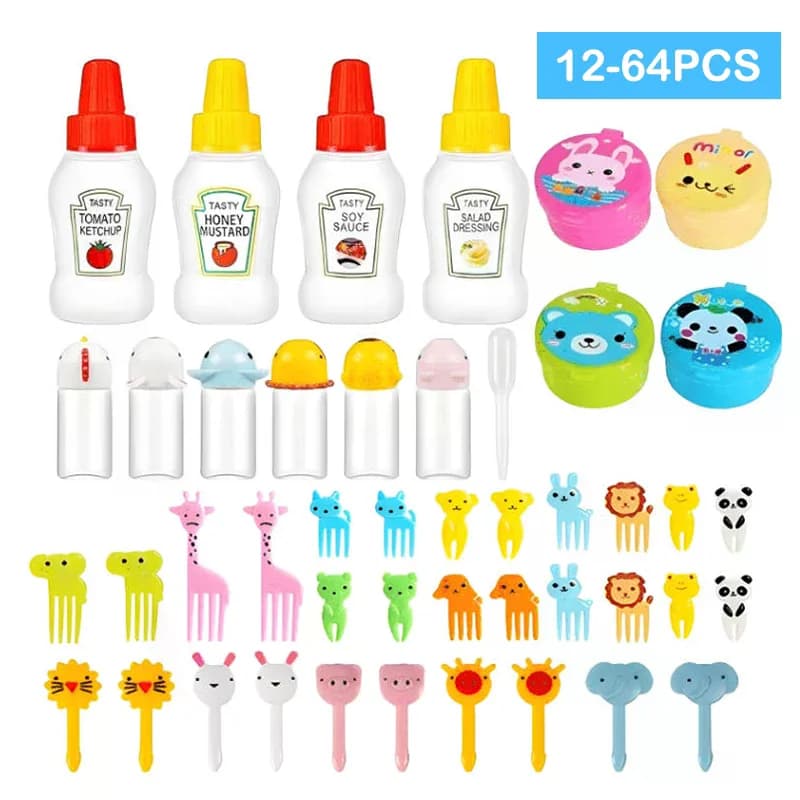 12-46 pezzi Set di accessori Bento Box Set di mini forchette da frutta carino Set di dispenser di salsa di pomodoro portatile per scatole da pranzo per la scuola di campeggio