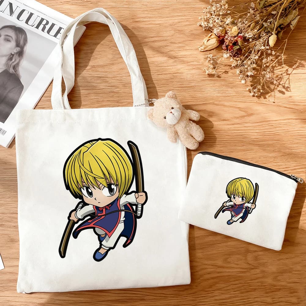 3Pcs Hunter x Hunter Chibi Canvas Tote Bag Set Cute Kurapika/Gon/Killua Print Large Capacity Eco Cotton Reusable Anime Handbag
