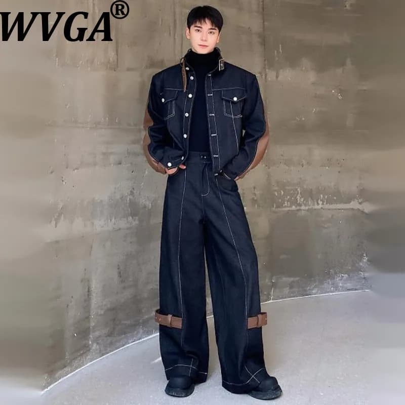 WVGA Autunno Inverno Nuovi Uomini Addensato Denim PU Splicing Colletto Alla coreana Giacca di Nicchia Chic Casual Jeans a gamba larga Due pezzi Set W15849
