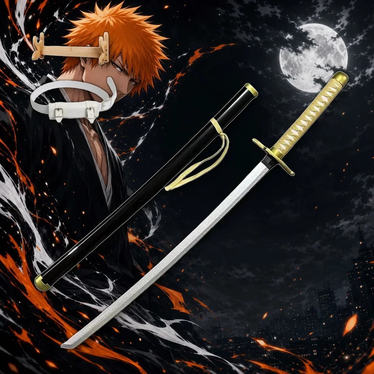 40 Inch Bleach Ichigo Yellow Katana Cosplay Prop Set Yellow Stand White Belt Plastic Unsharpened Display Photo Prop Accessory