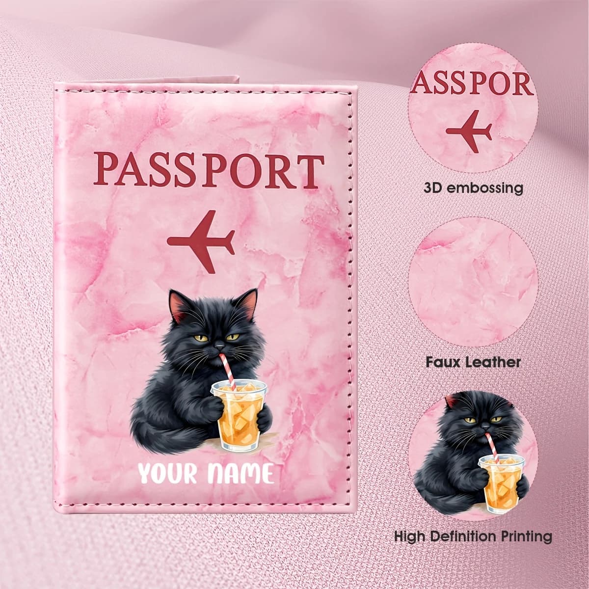 Custom Name Black Cat Drinking Juice Illustration Passport Holder, Featuring an Adorable Black Cat Holding an Orange Juice Cup