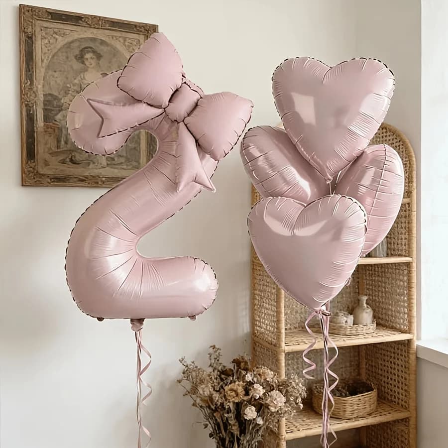 6pcs/Set Light Pink Number & Heart Balloons Set, 0-9 Foil Balloons with Bow & Heart, Birthday Wedding Celebration Party Supplies