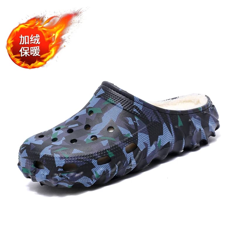 Winter Fur-Lined Clogs Slip-On Indoor Outdoor Garden Shoes Warm Home Cotton Shoes Backless Rubber Slippers Sandals Camouflage