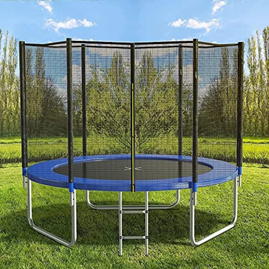 Trampolino da Esterno 8FT 10FT 12FT 14FT 15FT con Rete di Sicurezza e Canestro da Basket, Tappeto Elastico Resistente con Copertura per Molle
