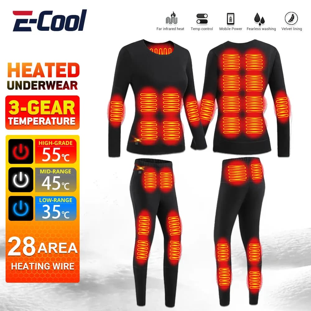 28 Area Giacca termica invernale riscaldata Gilet da donna Intimo riscaldato USB Abbigliamento riscaldante elettrico Tuta da sci da uomo Pantaloni caldi da esterno