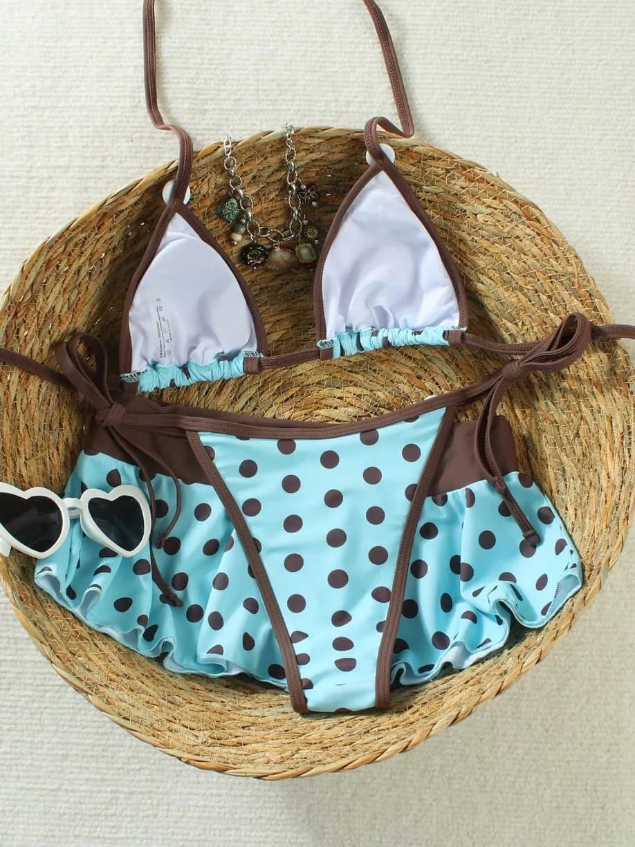 Summer beach pool style Y2K mint brown polka dot button pleated skirt set, three piece bikini set, women's cute retro swimsuit