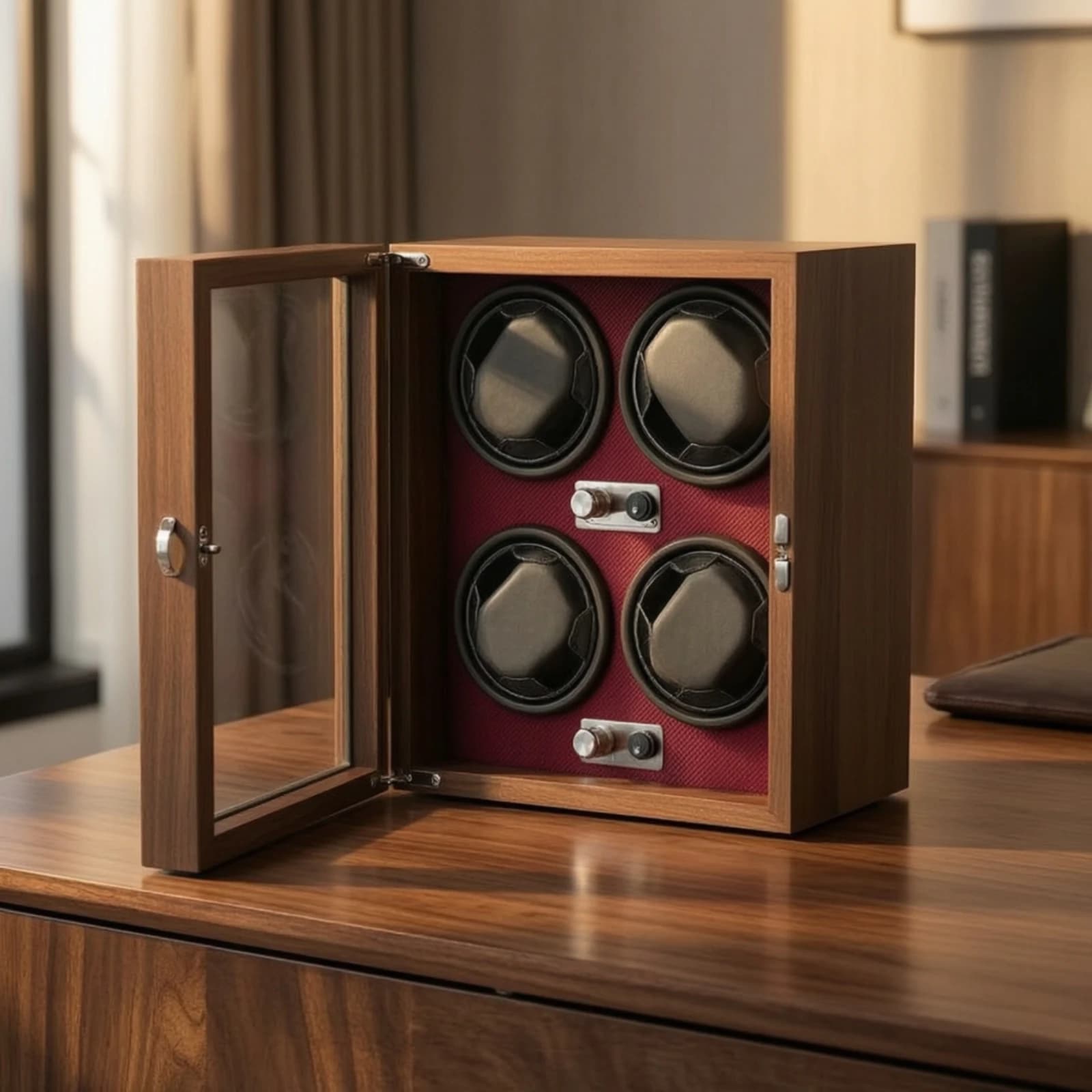 Watch Winder Cabinet with Glass Door LED Light Soft Interior Pillows Quiet Rotation Automatic Display for Watch Lovers