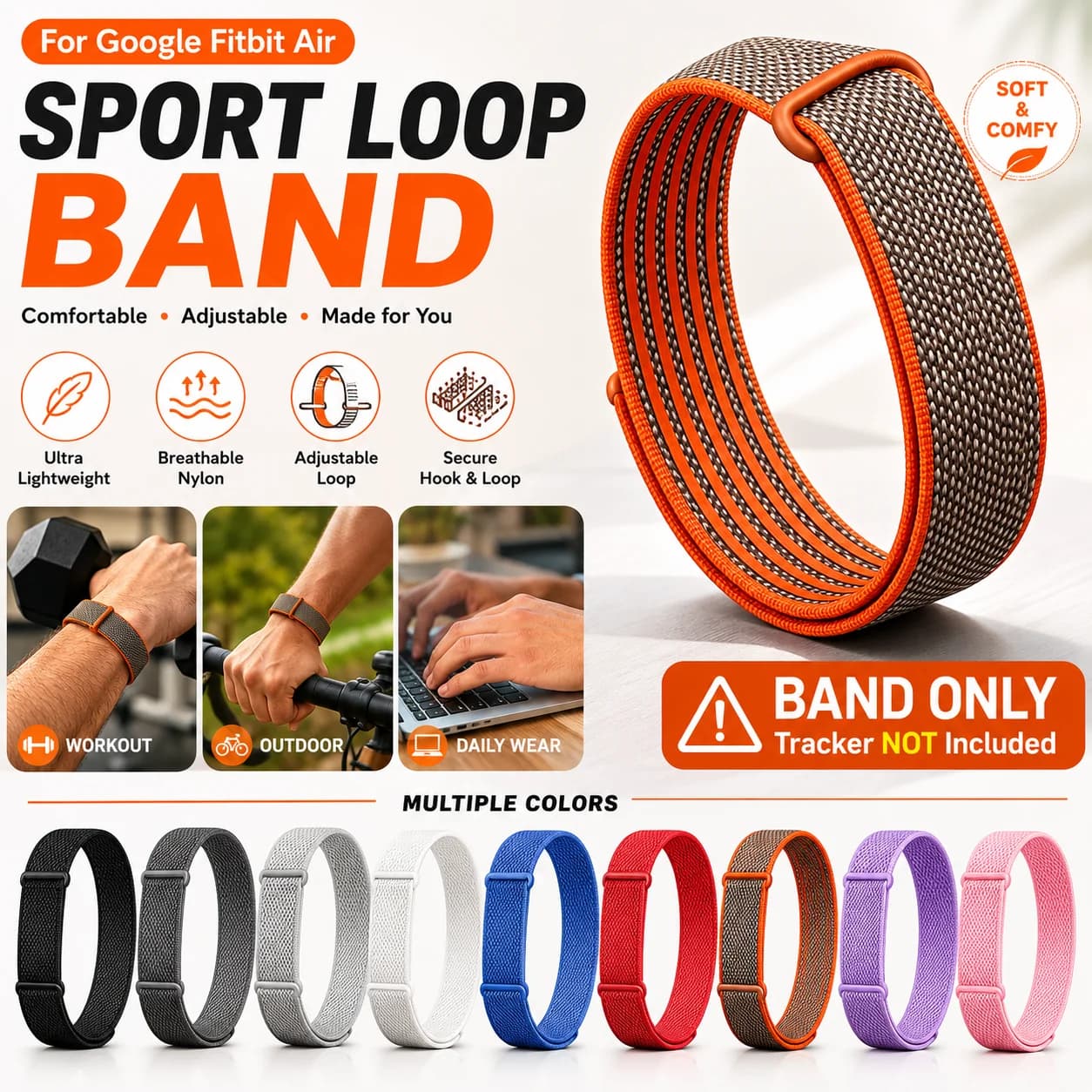 Adjustable Loop Strap for Google Fitbit Air Fitness Tracker Breathable Velcro Replacement Band Sport Wristband Health Monitor Ac