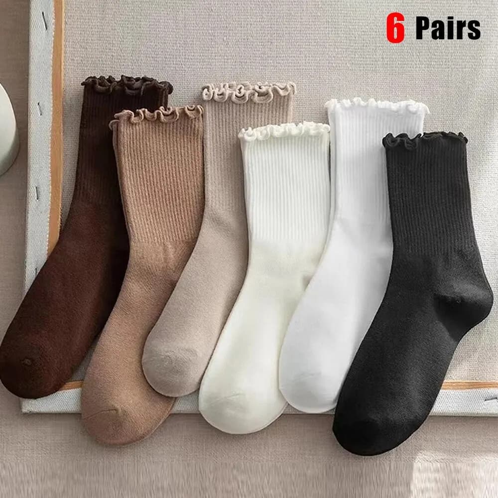 6 pairs/lot mid-length socks with volant set of breathable solid colors from woman comfort socks absorbing spring and autumn sweat