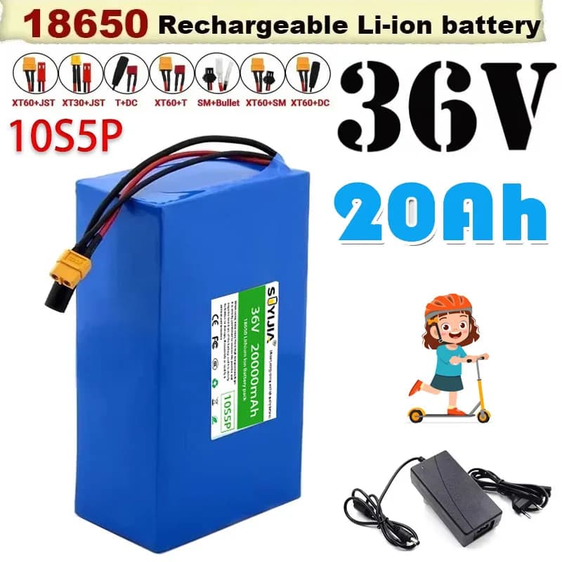 Batteria al Litio Ricaricabile DC ad Alta Potenza 10s5p 36v 20ah 18650 + Caricabatterie, per Moto e Biciclette Elettriche