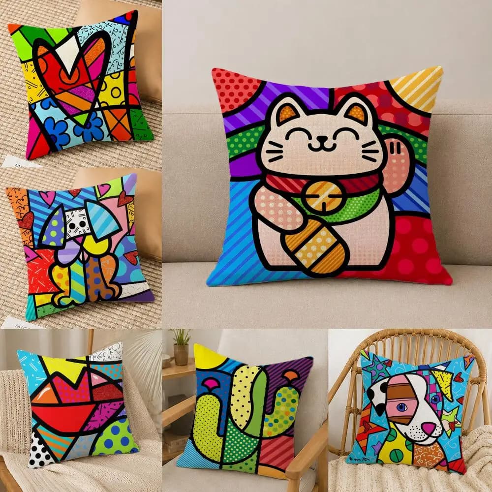Artist Romero Britto Cushion Cover Natural Linen Pillowcase Set, All-in-One Decor for Sofa, Bedroom & Chair