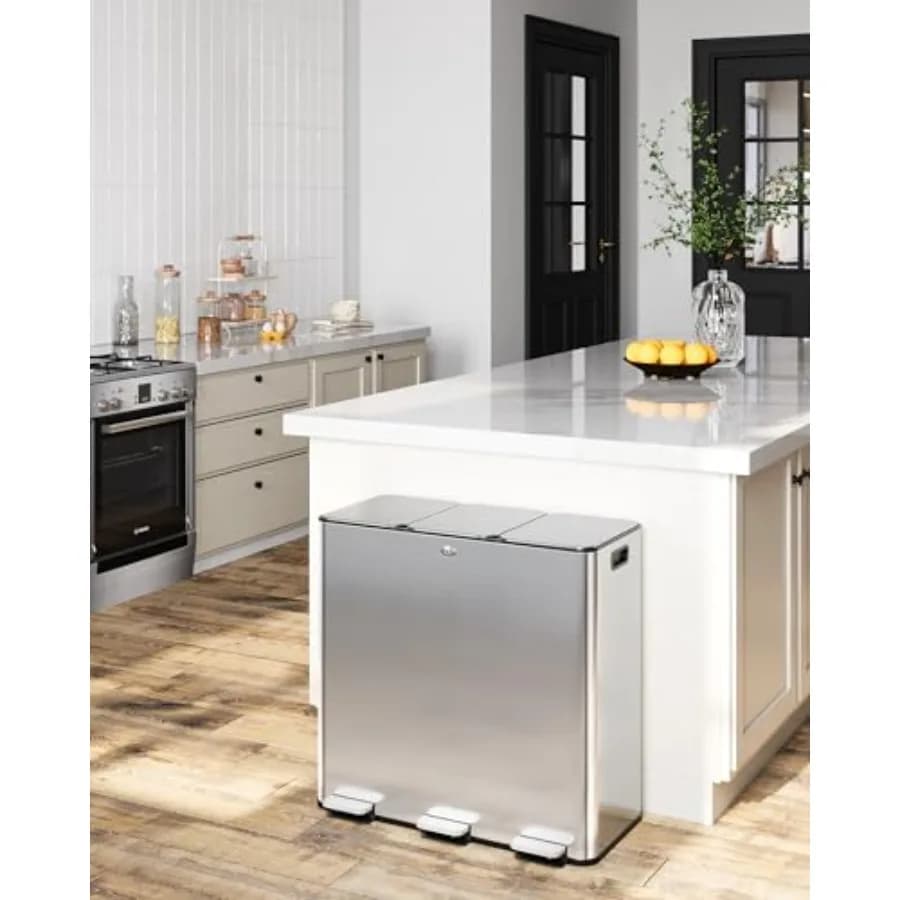 Pattumiera da Cucina a Pedale con 3 Scomparti, 90L/124 Galloni, in Acciaio Inox, Bidone per Riciclaggio con Coperchi, Sigillo Anti-Odore, Secchi Rimovibili per Ufficio