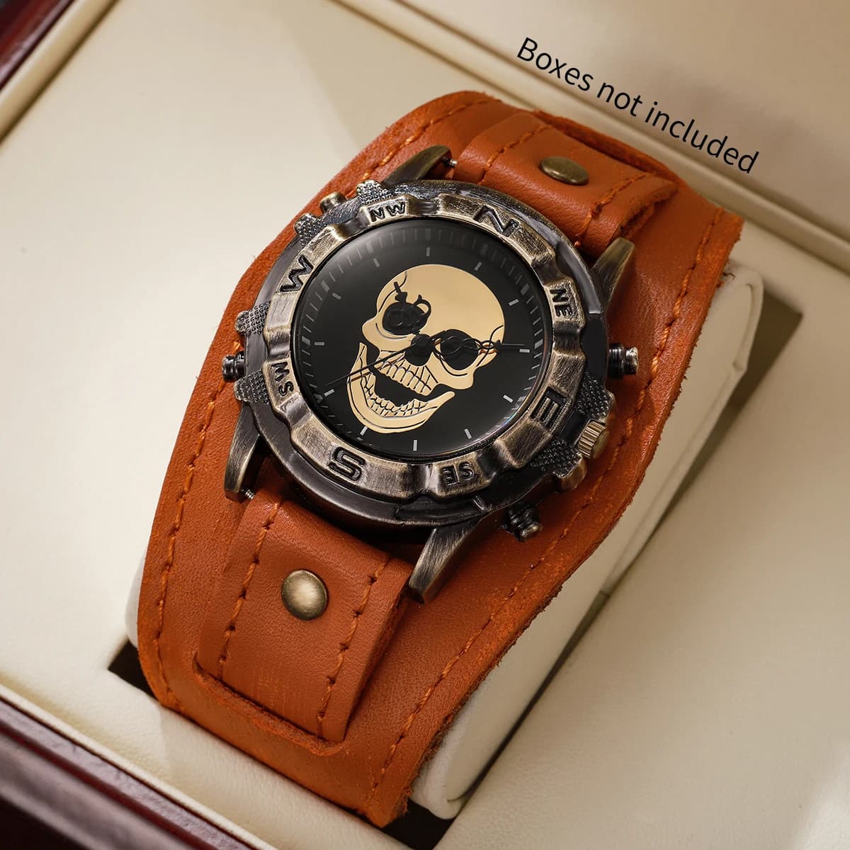 Vintage Skull Men Watch Wide Leather Strap Compass Bezel Punk Style Large Dial Quartz Wrist Watch for Male