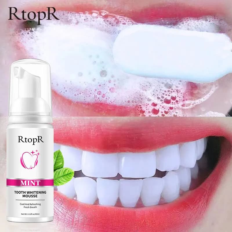 Whitening mousse for mint teeth cleans the mouth, refreshes the breath, cleans the stains, protects the gums, cleans the teeth