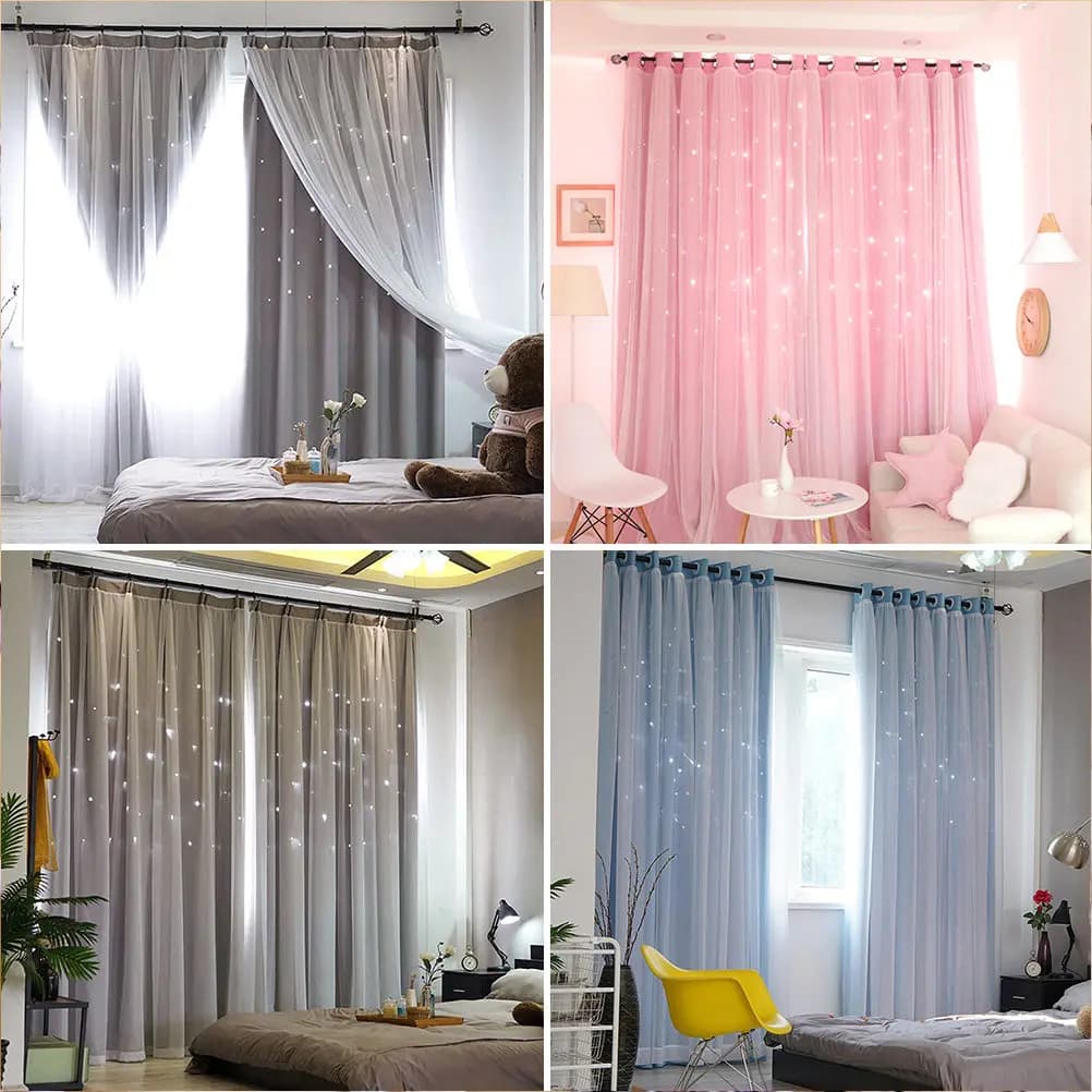 Star Blackout Double Layer Curtain Blue Premium Polyester Grommet Curtains Bedroom Light Blocking Window Drapes