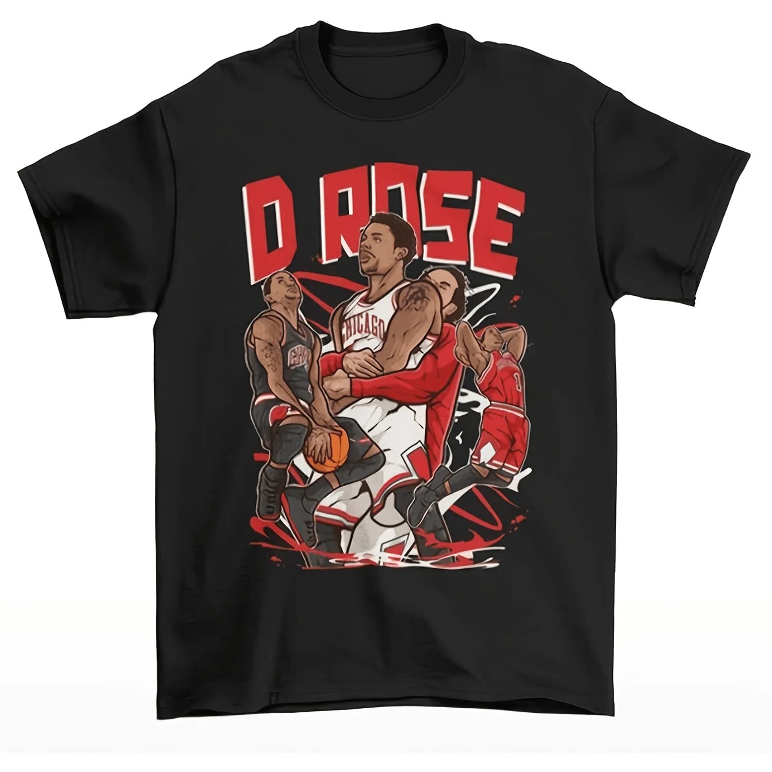 Ball - Men's D. Rose Chicago Basketball T-Shirt - Vintage Style, 100% Cotton, Crew Neck Short Sleeves, Black Red and White Pattern Print, Fan Casual Sweatshirt, Vintage Style T-Shirt