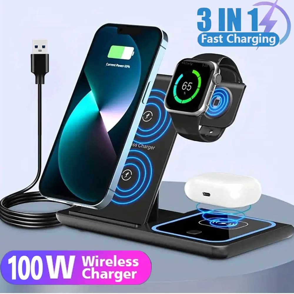 15W Fast LED Wireless Charger, Foldable 3 in 1 Support for iPhone 17-11, Apple Watch 9 8 7 6 5, Airpods Pro