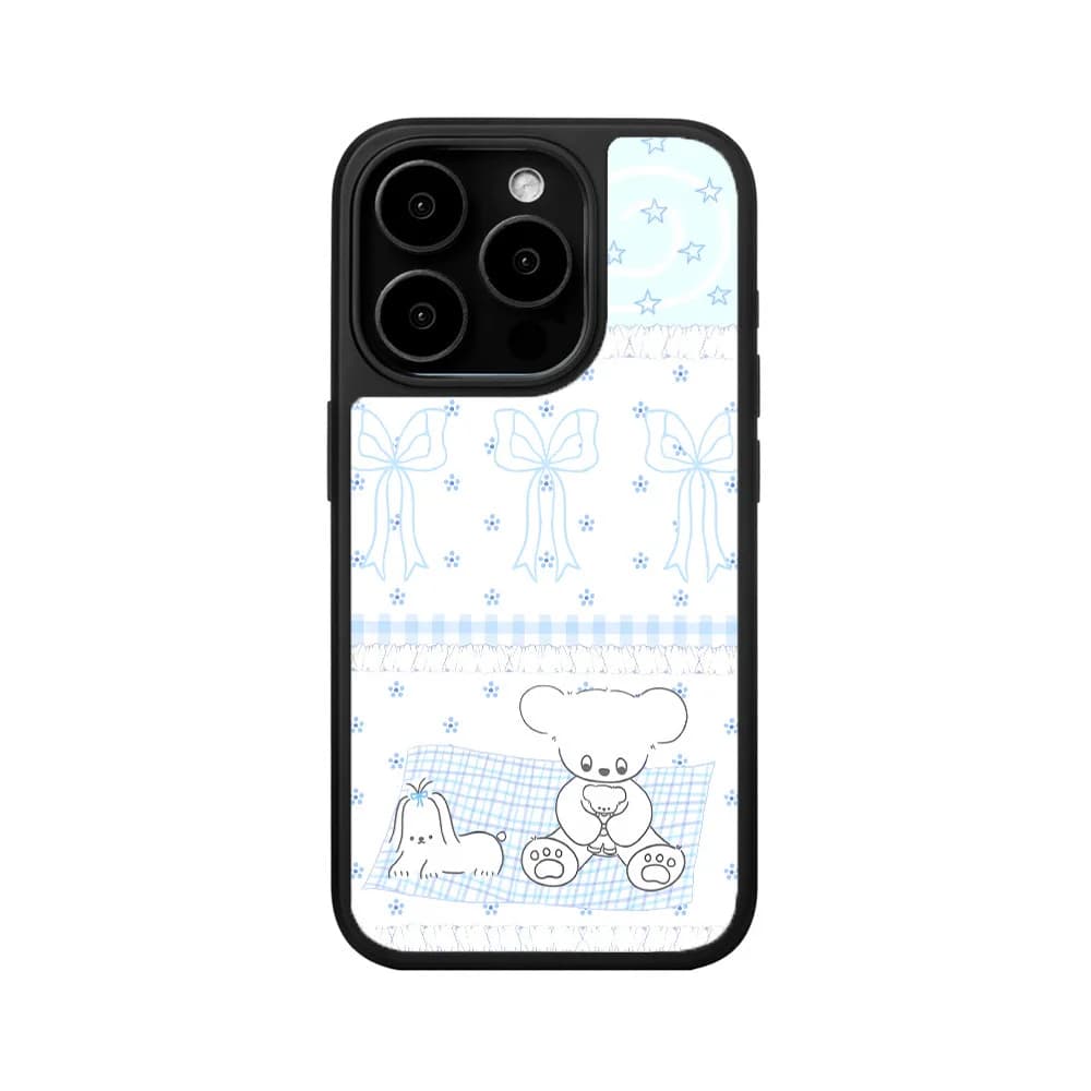 Blue Star Bow Bear Illustrazione Cornice nera Protezione Custodia carina per IPhone 16 15 14 13 Pro Max Cover posteriore per 12 11 Capa