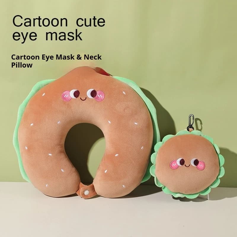 Cute Cartoon Memory Foam Travel Neck Pillow Foldable Blackout Eye Mask Ergonomic Support Pillow for Airplane, Car and Office Nap