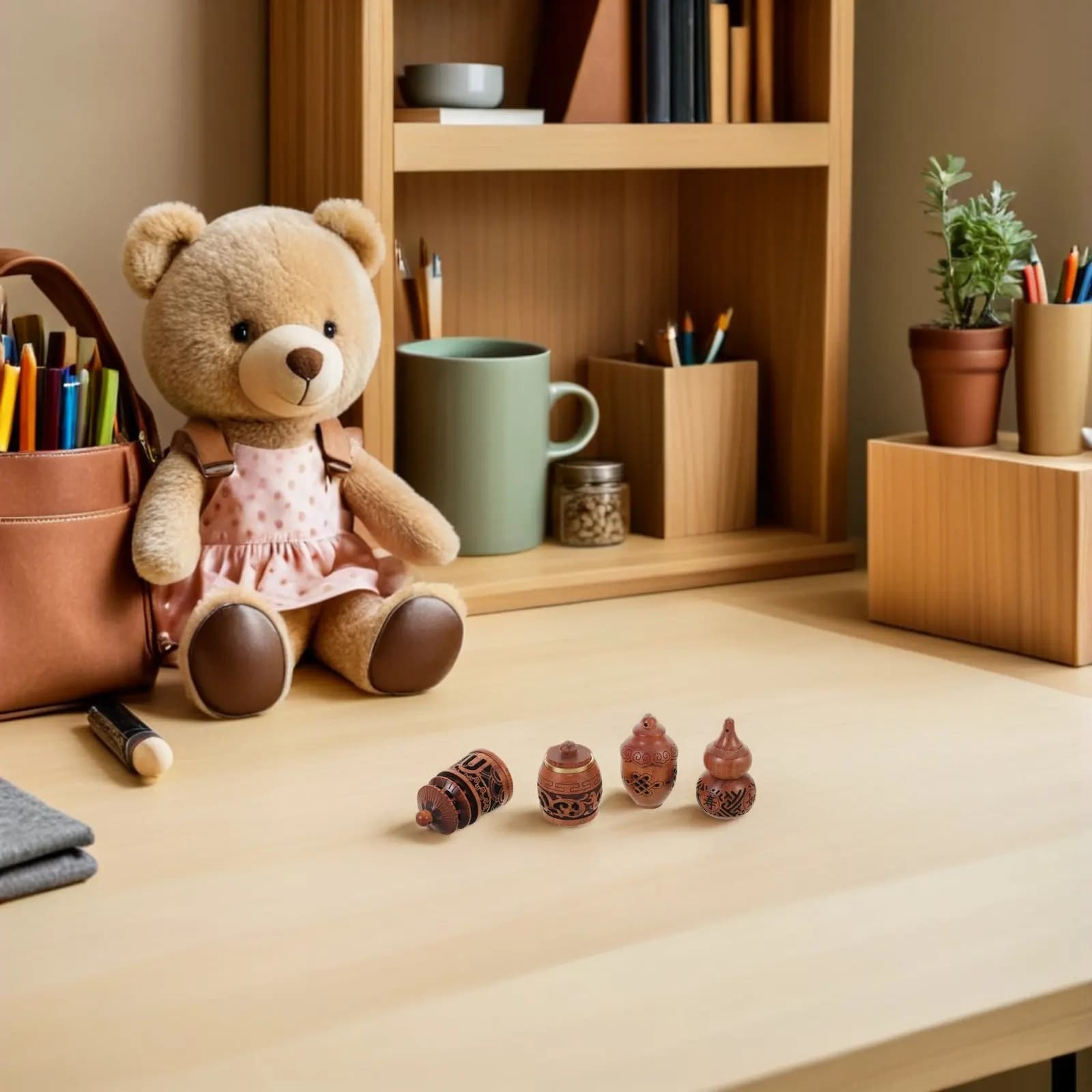 Set di 4 Ciondoli in Legno Intagliato a Forma di Zucca, Diffusore di Aromi per Oli Essenziali, Decorazione per Auto, Casa, Ufficio, Portafortuna Cinese