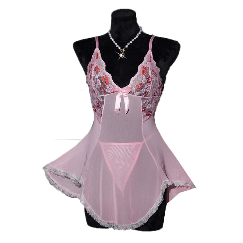 Color Blocking Printed Lace Sexy Suspender Women's Deep V Perspective Mesh Dress Nightgown Underwear Set