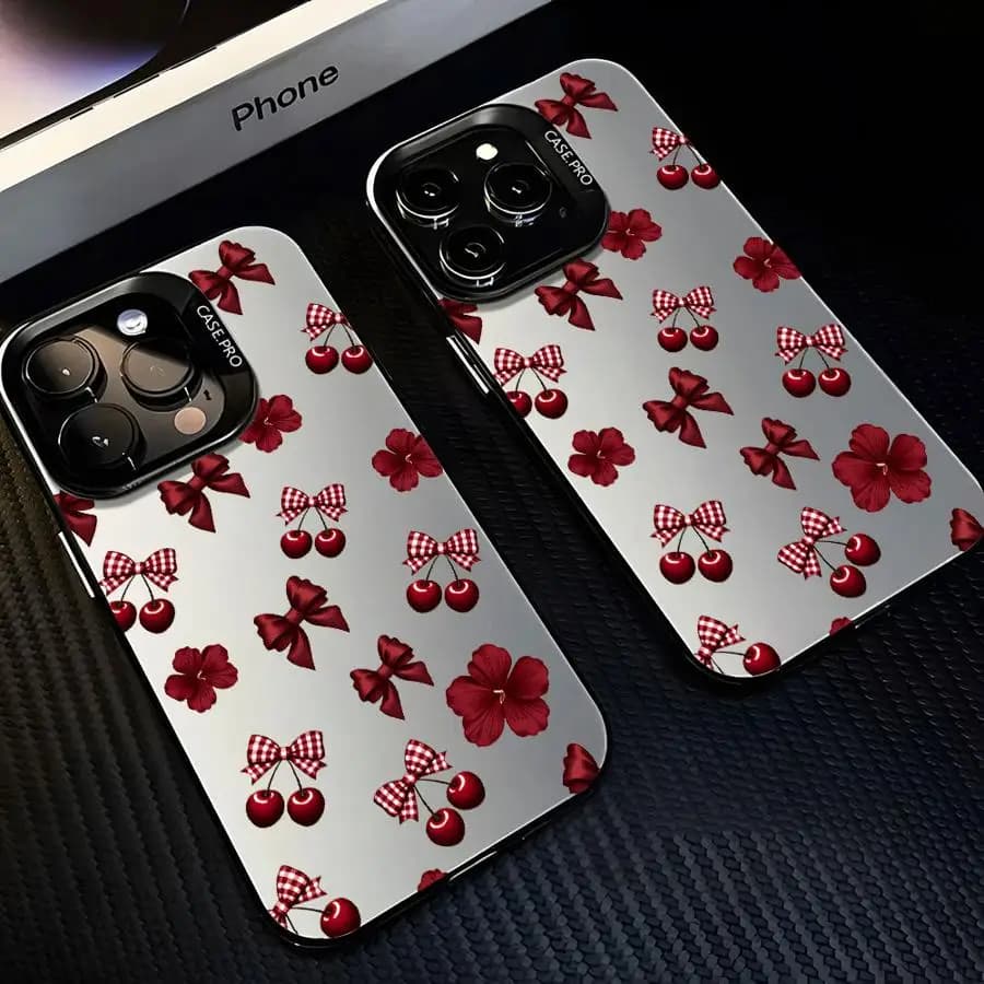 Cartoon Bow Cherry Case for iPhone 17 Pro Max 12 Air 13 Pro XR 14 15 Plus 16 11 17e Back Phone Cover