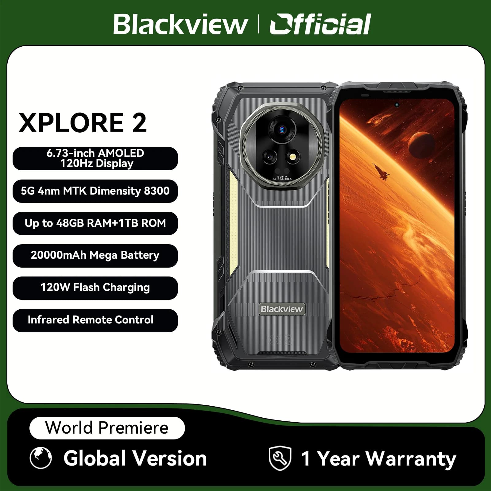 Blackview XPLORE 2 Smartphone robusto 5G, display AMOLED da 6,73" Batteria da 20000 mAh Ricarica rapida 120 W, fotocamera da 50 MP, telefono cellulare esterno