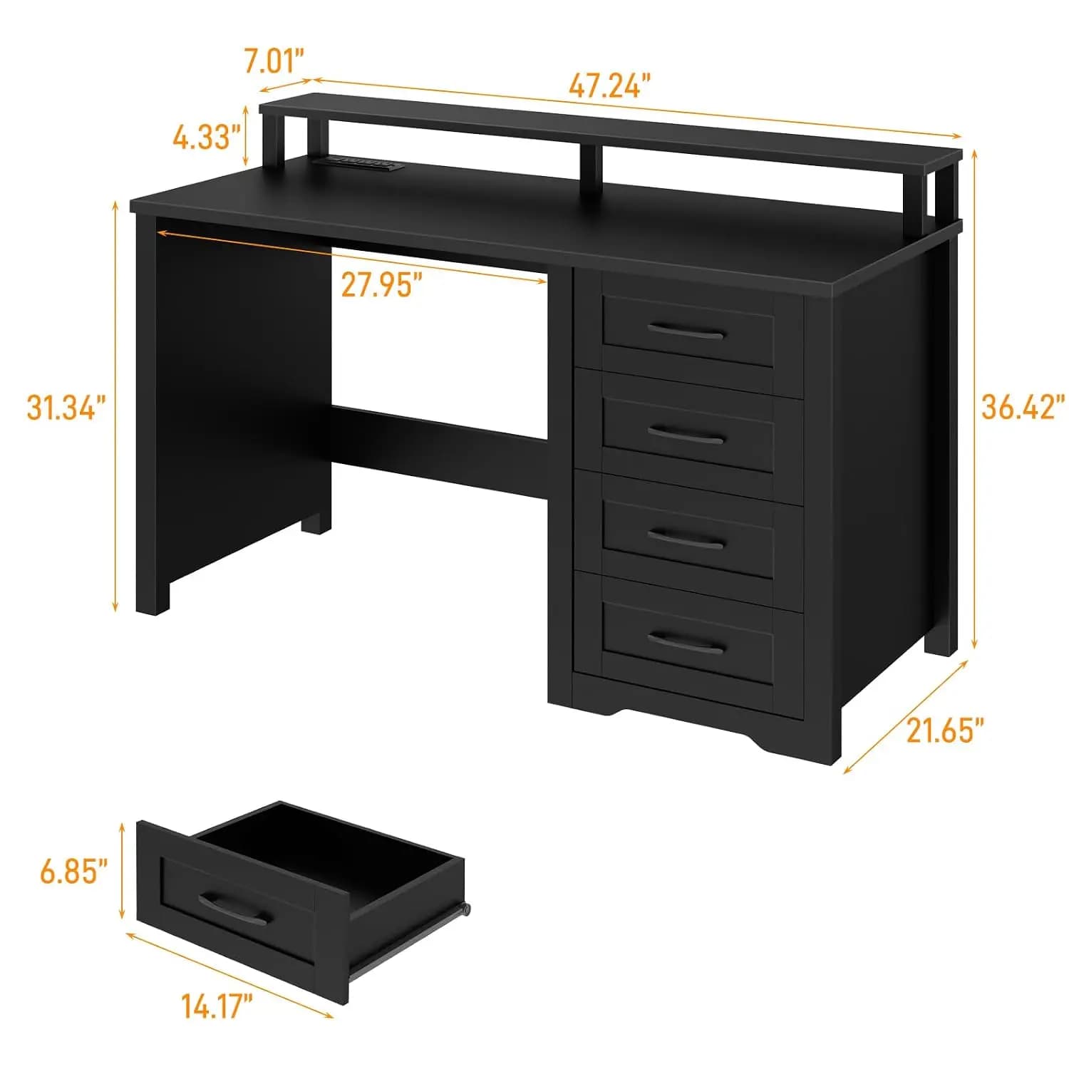 47" Farmhouse Executive Desk with Monitor Stand and LED Lights,4 Drawers Computer Desk with Power Outlets,Large, Customized