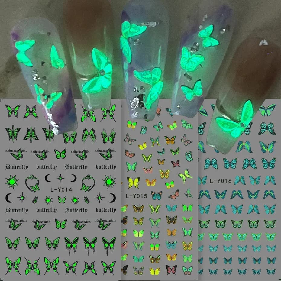 3 adesivi per decalcomanie per unghie con farfalla luminosa, serie di farfalle blu colorate, design che si illumina al buio, cursori per smalto notturno, manicure